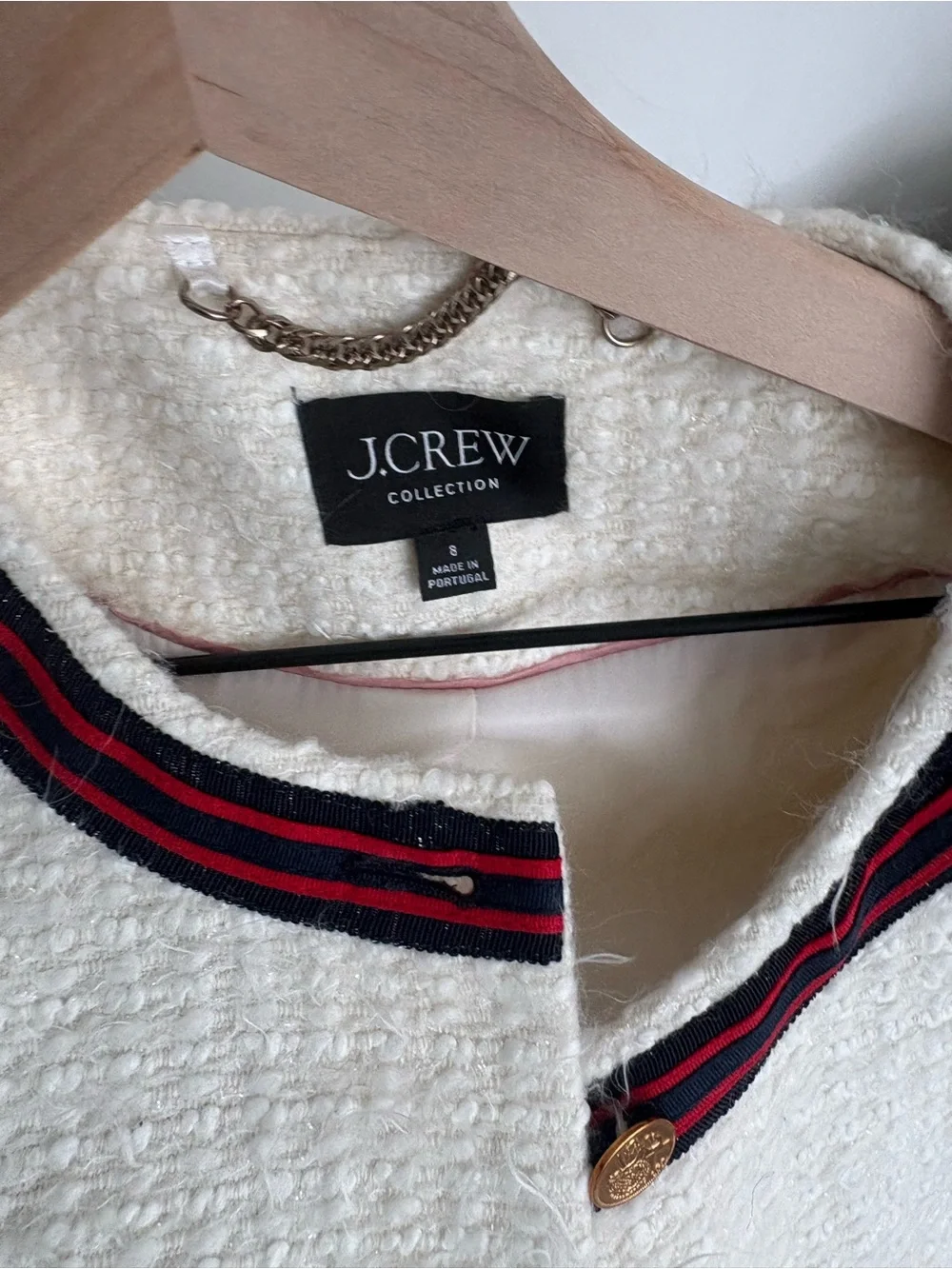 J. Crew Cream Tweed Blazer with Red & Black Stripe Trim
